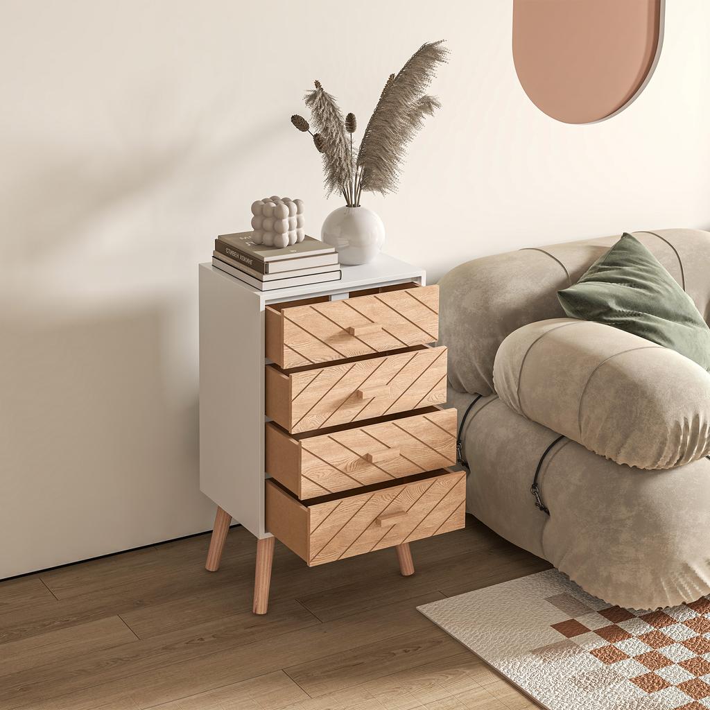 Comfortable 4 Drawer Dresser Bedroom Nightstand With Raised Legs For Living Room 40x30x75 Cm White And Natural