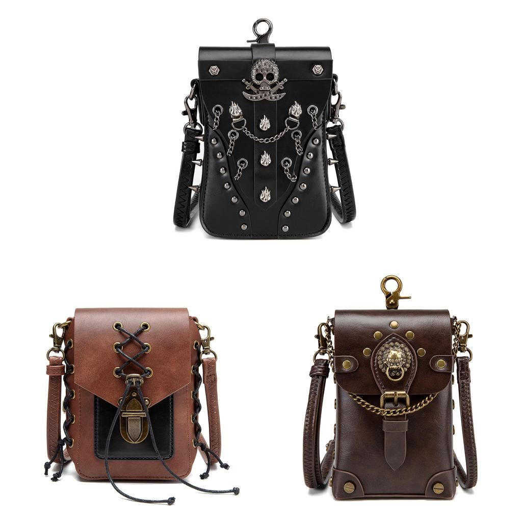 Medieval Steampunk Mini Pu Leather Shoulder Bag With Stitching Rivets For Daily Use