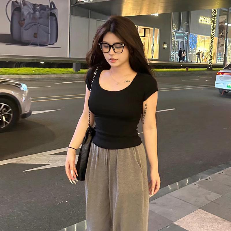 Black V-Neck Short Sleeve Women's Fitted Shoulder T-Shirt