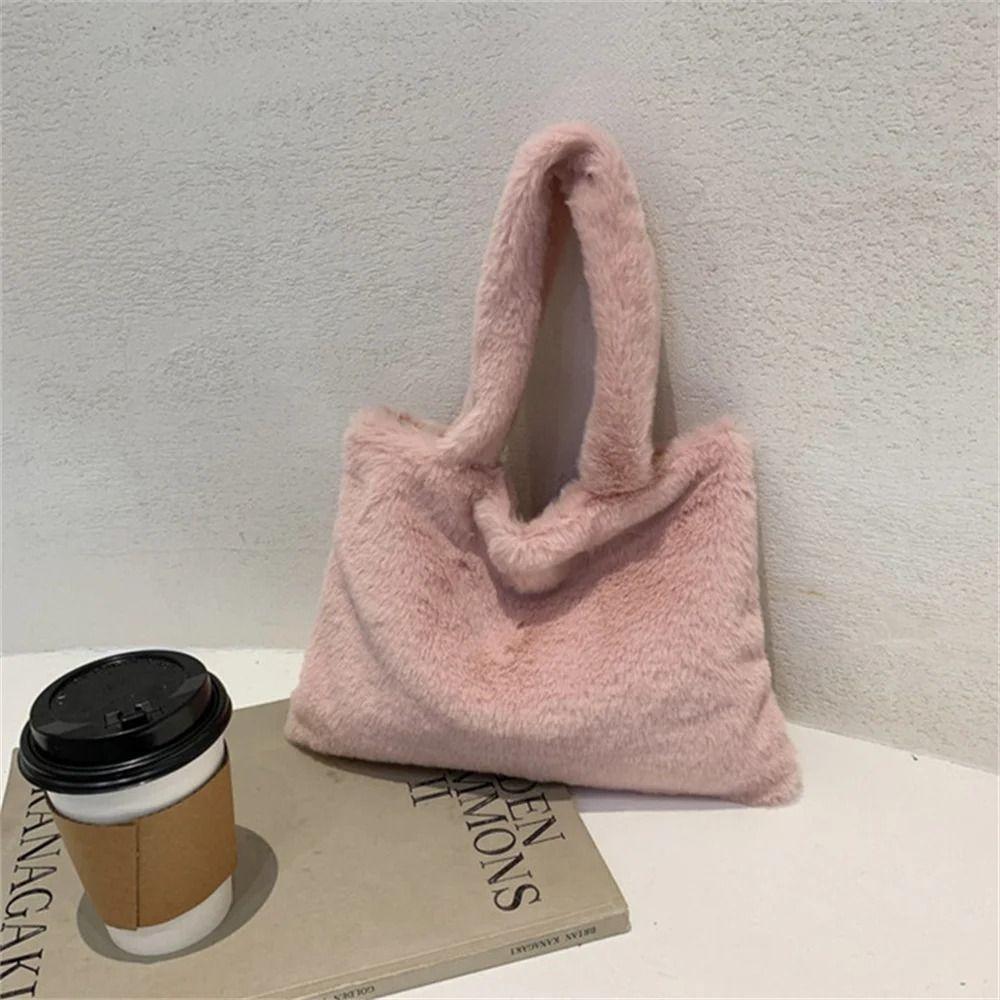 Plush Shoulder Bag Cute Hand Bag Solid Color Tote Bag  Autumn Winter
