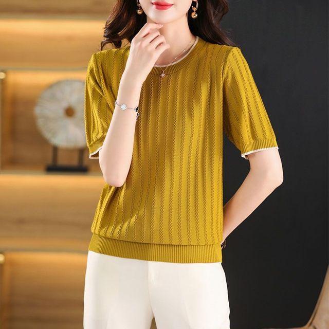 Ledový hedvábný pletený svetr Dámské tričko s krátkým rukávem Léto Nové Volný Tenký Všestranný vlnitý pletený Top S-5XL