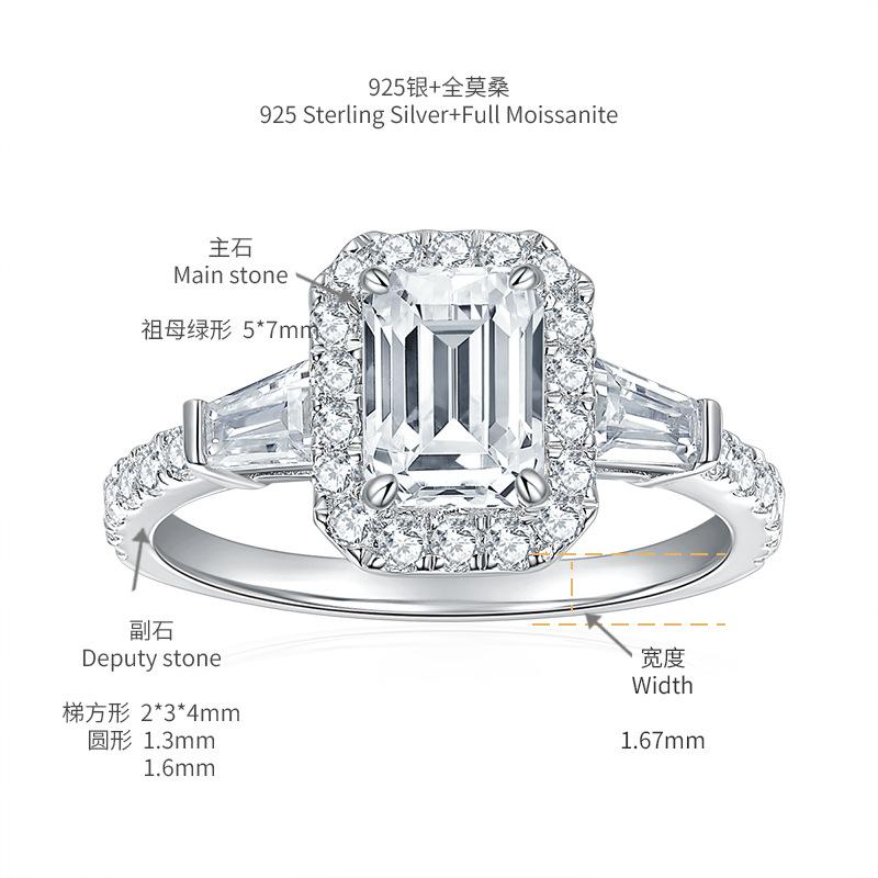 Anel feminino de moissanite completa com diamante esmeralda e cor D S925 Sterling Sliver 18K banhado a ouro joias finas para mulheres