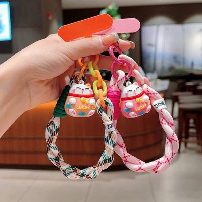 Universal Braided Mobile Phone Lanyard Strap Cartoon Cat Hanging Chain Ring Cord with Patch Wrist Strap Cell Phone Detachable