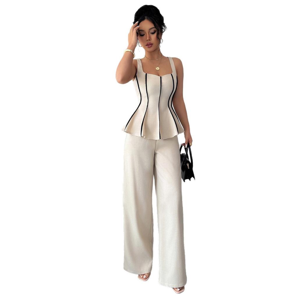 Elegant and Refined Style Halter Top, Solid-color Long Pants Set for Women's Summer