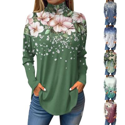 Women's Fashionable Casual High Neck Printed Long Sleeve T-Shirt Pullover Top
