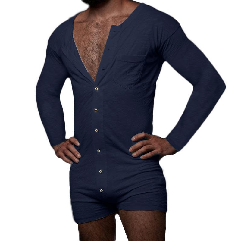 Solid Color Tight Jumpsuit Long Sleeved Sexy Casual Home Wear Men’s Pajama Sets