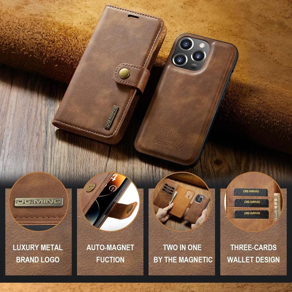 DG.Ming for IPhone 18 17 16 Pro Max 15 14Plus 12 11 13Mini Luxury 2-Folding Wallet Case Detachable Leather Magnetic Flip Cover Case