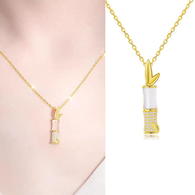 Classic S925 Sterling Silver Hetian Jade Necklace, Elegant Green Bamboo Pendant, Retro Light Luxury with a New Chinese Style for Women