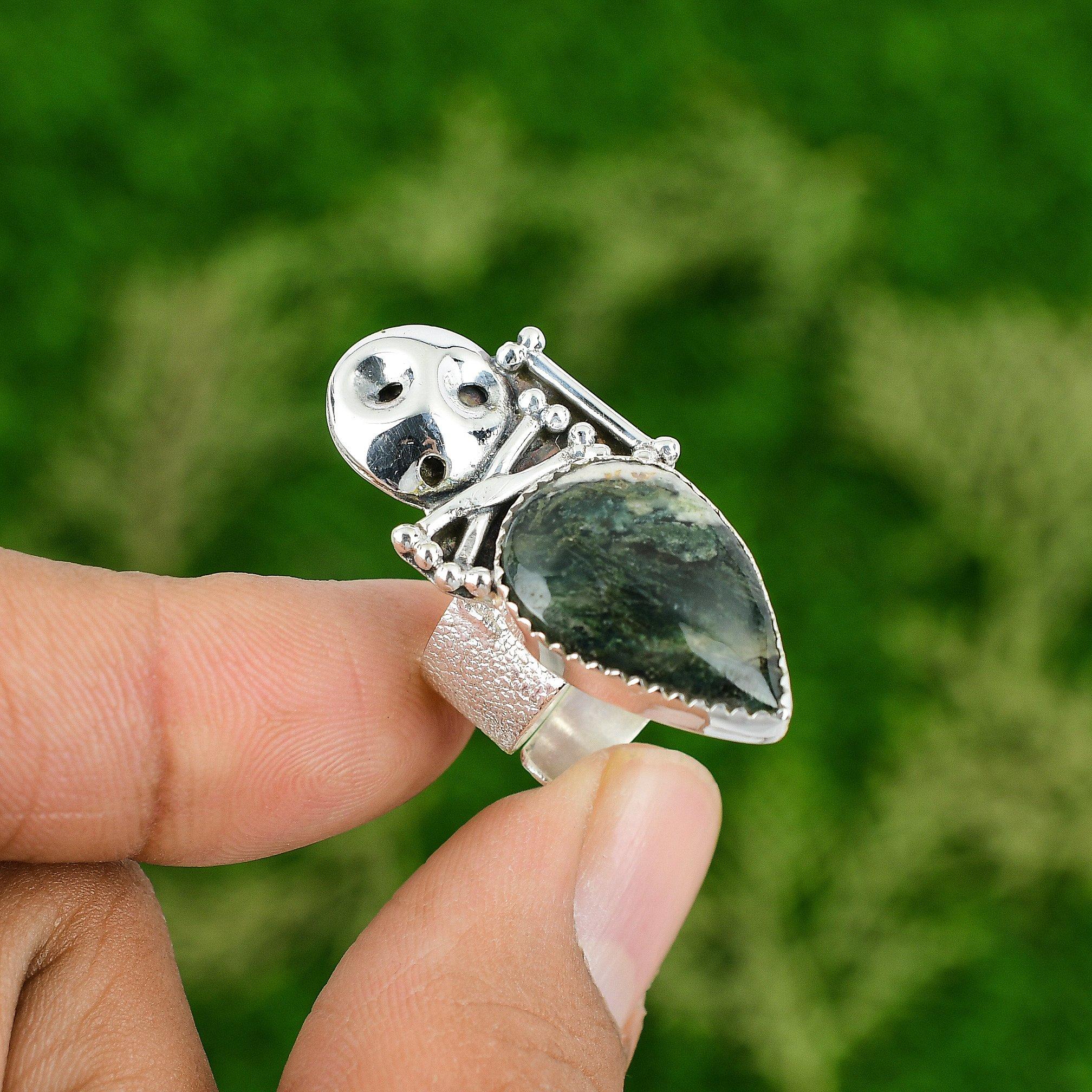 

Натуральный Моховой Агат Солнечный Череп и Кость Регулируемое Кольцо Серебро 925 пробы для Девочек Adjustable