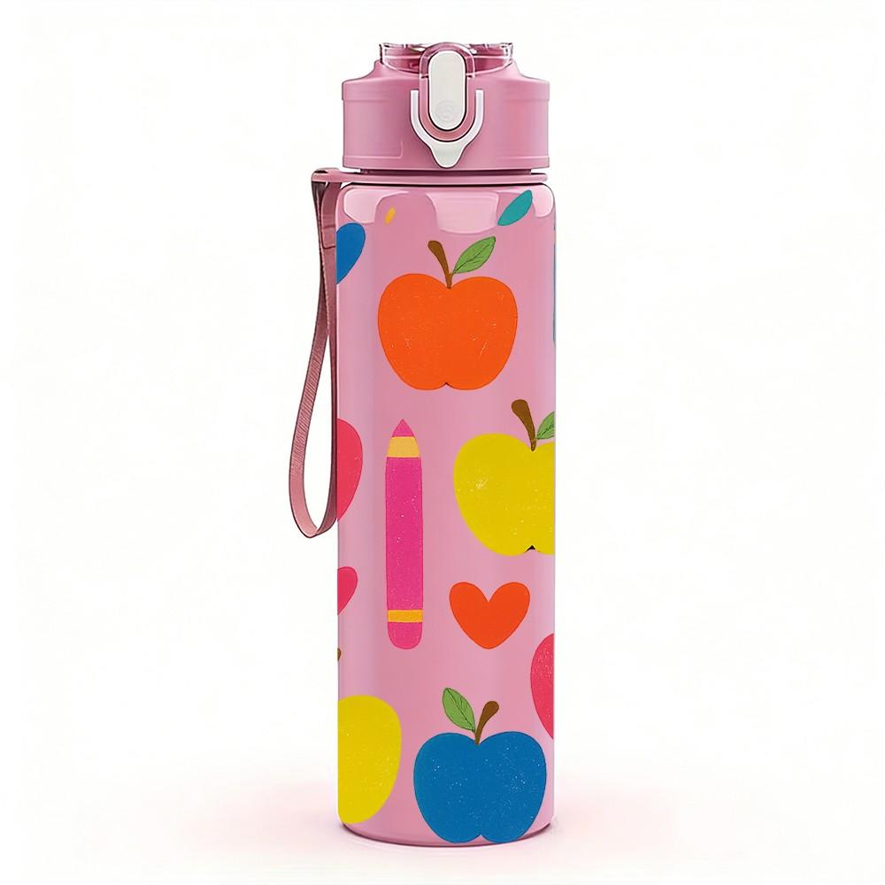 1PC Apple Heart Teacher Pattern 750ml Color Plastic Sports Water Bottle Leakproof Flip Straw Lid Suitable for Sports Office Home Use
