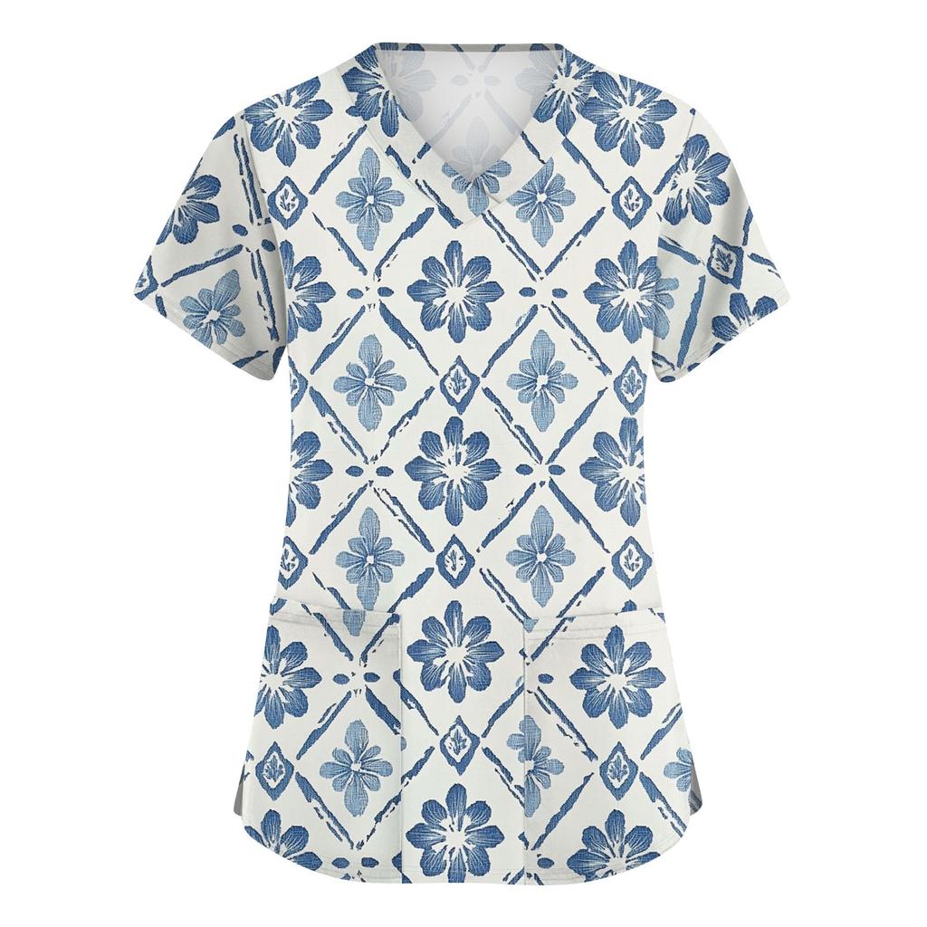 Niedlich bedruckte Arbeitskleidung für Damen, V-Ausschnitt, doppellagige Taschen, Basic-Kurzarm-Oberteil, Pullover