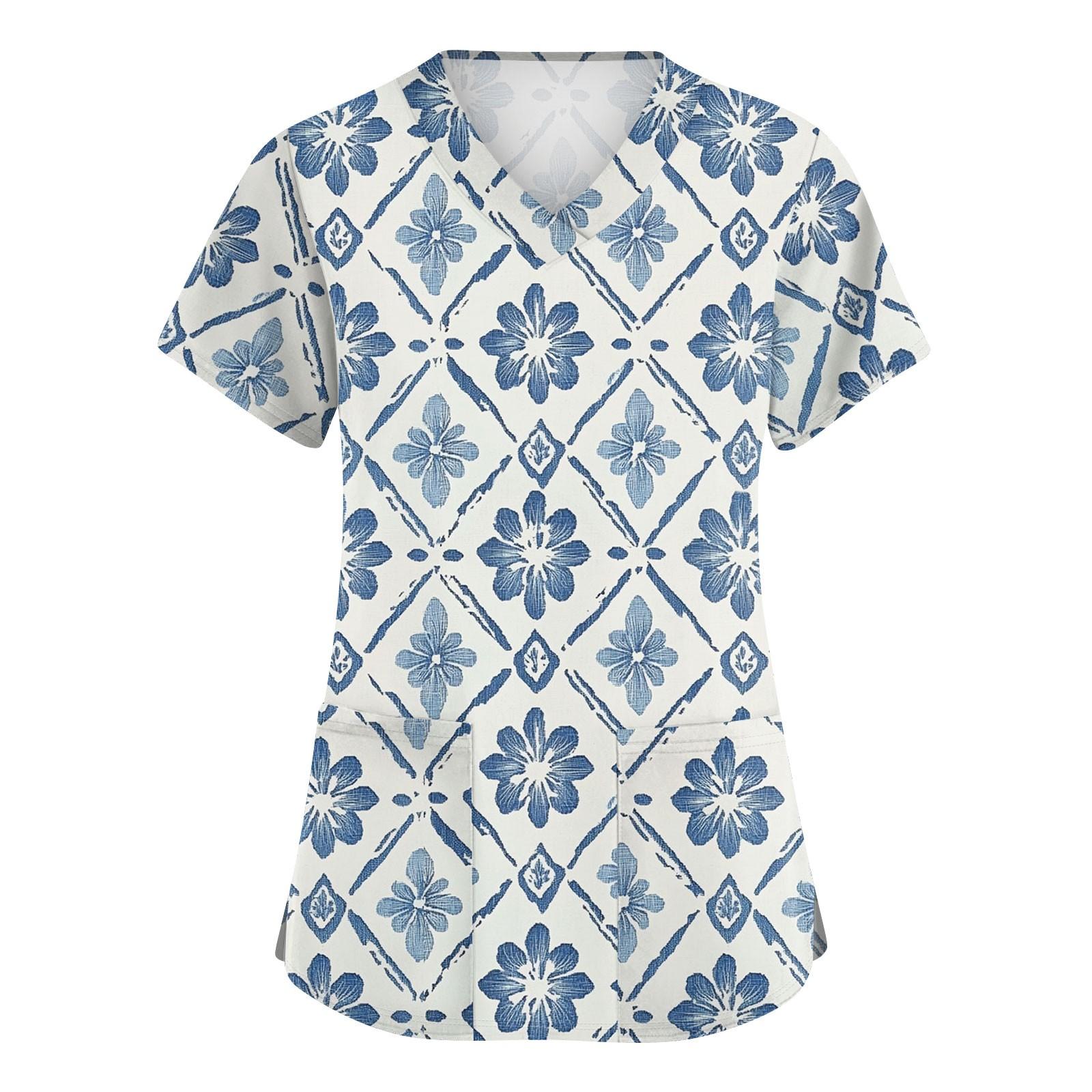 

Женская симпатичная принтованная рабочая одежда с V-образным вырезом, двухслойными карманами, базовым коротким рукавом, пуловером XXXXXL