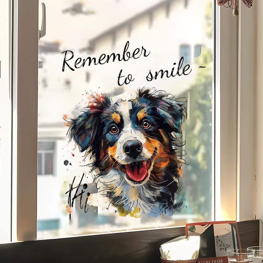 Roztomilý ovčácký pes Realistická kreslená oboustranně viditelná UV samolepka na okno, Samolepicí skleněné dekorace pro domácí dekoraci