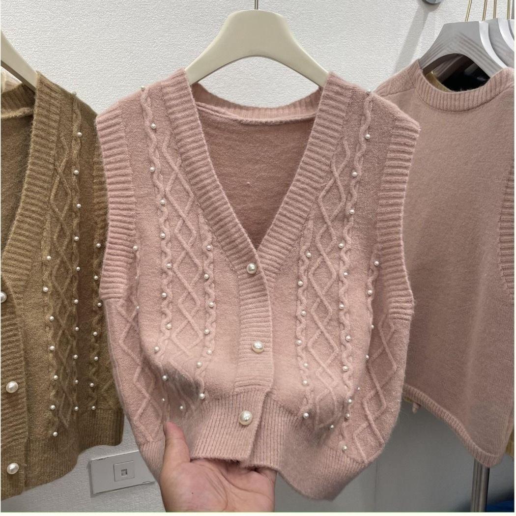 

Весенне-осенний женский вязаный кардиган-жилет с V-образным вырезом, женская верхняя одежда, маленькая майка L розовый