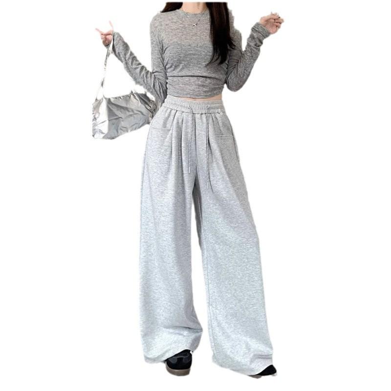 Pantaloni de timp liber gri stil leneș pentru toamnă Pantaloni de trening pentru femei Pantaloni drepți cu talie înaltă Pantaloni cu picior larg Pantaloni drapați pe podea