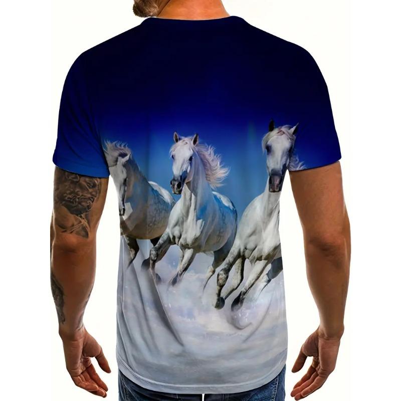 Men's 3D Printed White Horse Pattern T-shirt Humorous Digital Printed Short Sleeved T-shirt Breathable Polyester Round Neck Casual