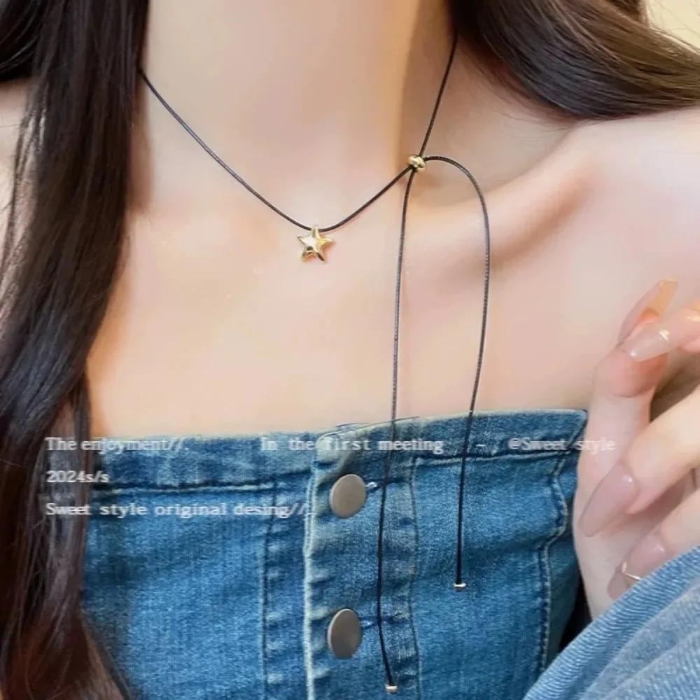 Y2K Star Minimalist Black Rope Unique Necklace Small Five Pointed Star Pendant Adjustable Necklace Collarbone Chain for Women