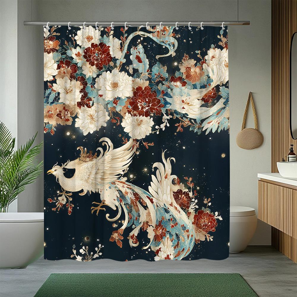 1Pc Crane And Floral Pattern Shower Curtain, Comfortable Bathroom Decor, Polyester Fabric With 12 Hooks, 70. 8X70. 8 Inches