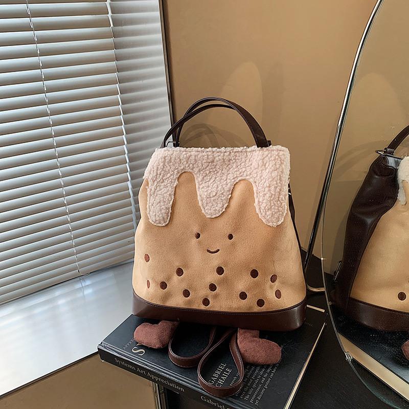 Cute Bubble Cartoon Tea Plush Backpack Curved Shoulder Straps Portable Storage
