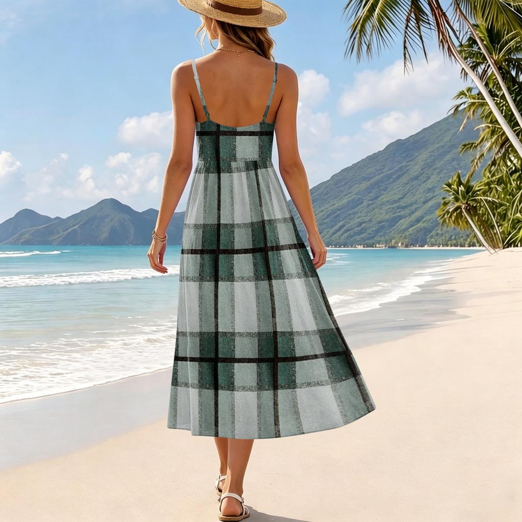 Damen Sommer Karomuster Verstellbarer Träger Ärmellos Bohemian Lässig Strandurlaub Sommerkleid mit Taschen Lockerer Schnitt