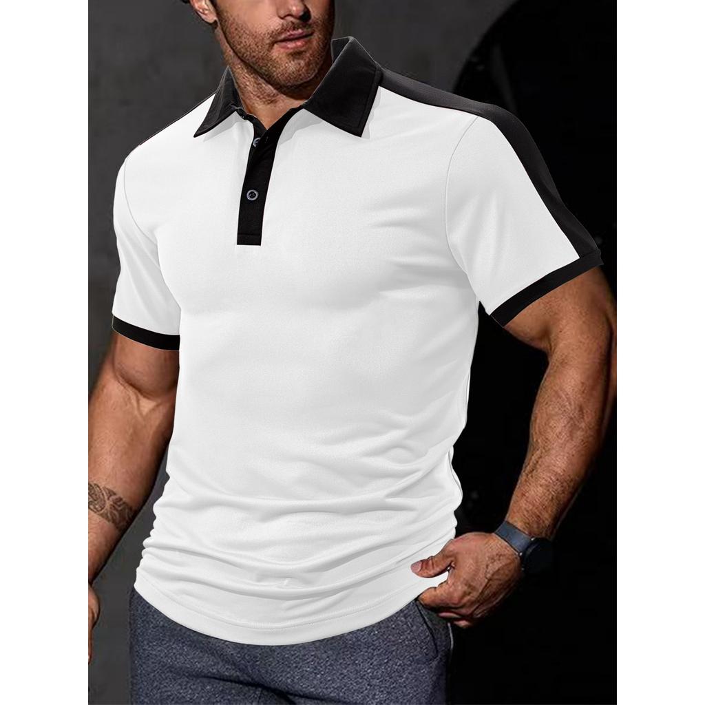 Men's Casual Sporty Color-blocked Shirt, Men's Lapel Short-sleeved T-shirt Top