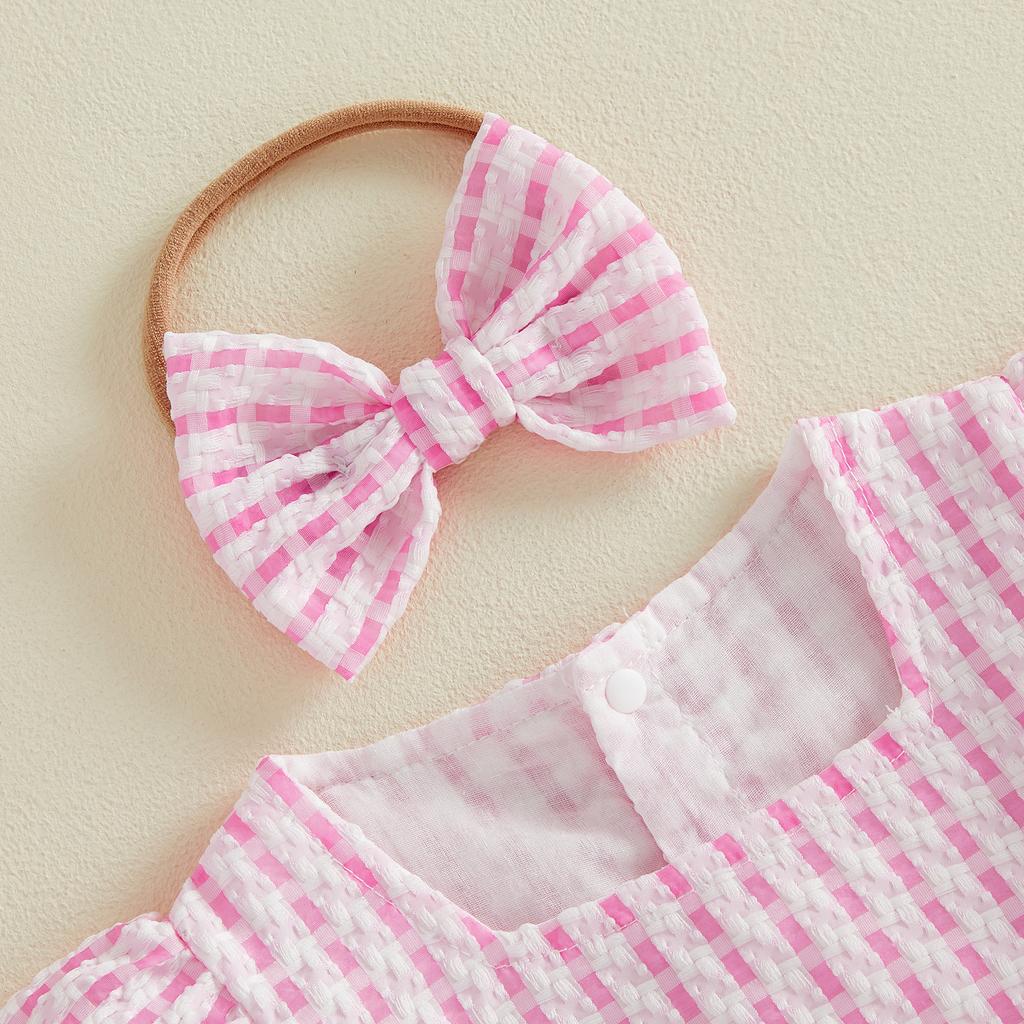 Citgeett Summer Infant Baby Girl Plaid Bodysuit Short Sleeve Jumpsuits Headband Casual Clothes
