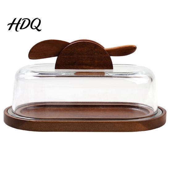 Minimalist Kitchen Butter Organizer Wooden Dish with Glass Lid And Knife Holder for Container Refrigerator Countertop & Refrigerator Keeper