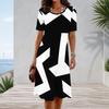 Women Plus Size Round Neck Short Sleeve Black White Printed A Line Dress