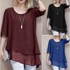 Loose Plus Size Round Neck Top for Summer Wear with Five Quarter Sleeves and Fake Two Mid Length Chiffon Women's Blouses & Shirts