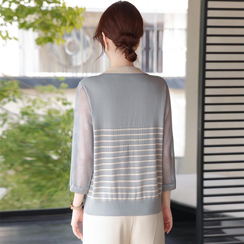Mother's Spring Knit Lapel Striped Top for Middle-Aged & Elderly Women - Seven-Sleeve Loose T-Shirt.