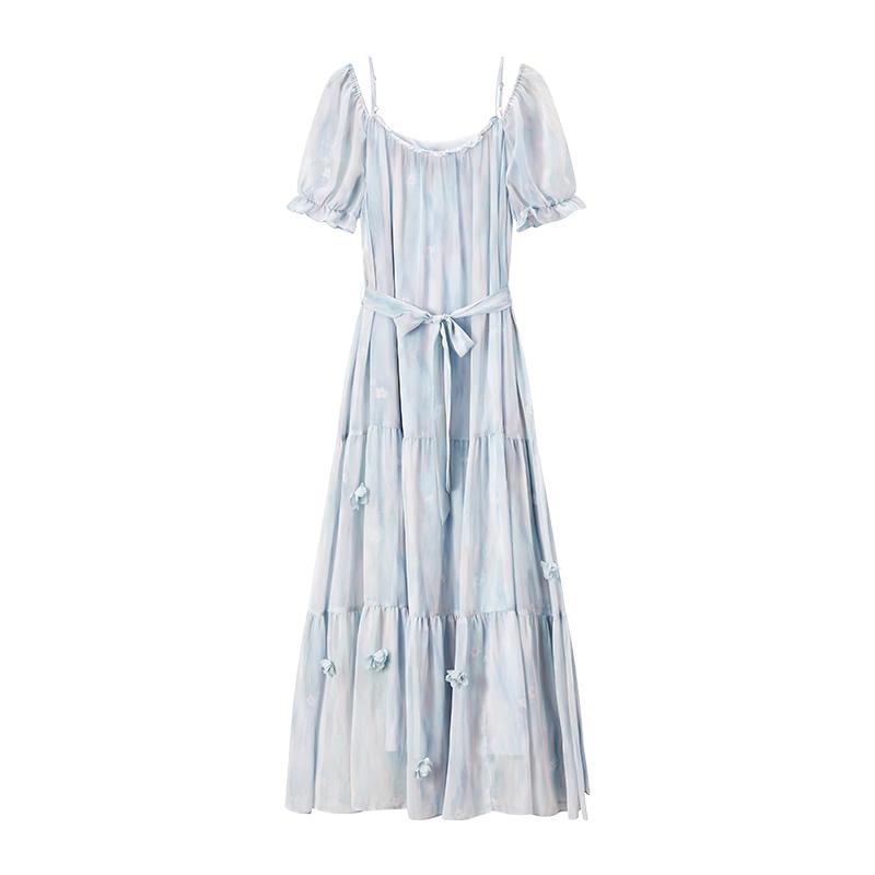 Xiangying  Flower Story  Blue Tie-Dye Off-Shoulder Puff Sleeve Midi Dress M
