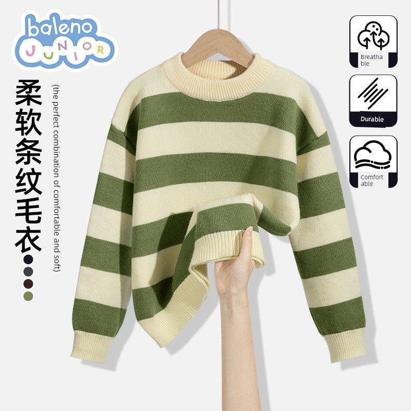 Baleno Kids Girls  Sweater Autumn and Winter Children s Thickened Warm Knitwear Girls  Autumn Round Neck Striped Top Green Apricot#Solid Color 120