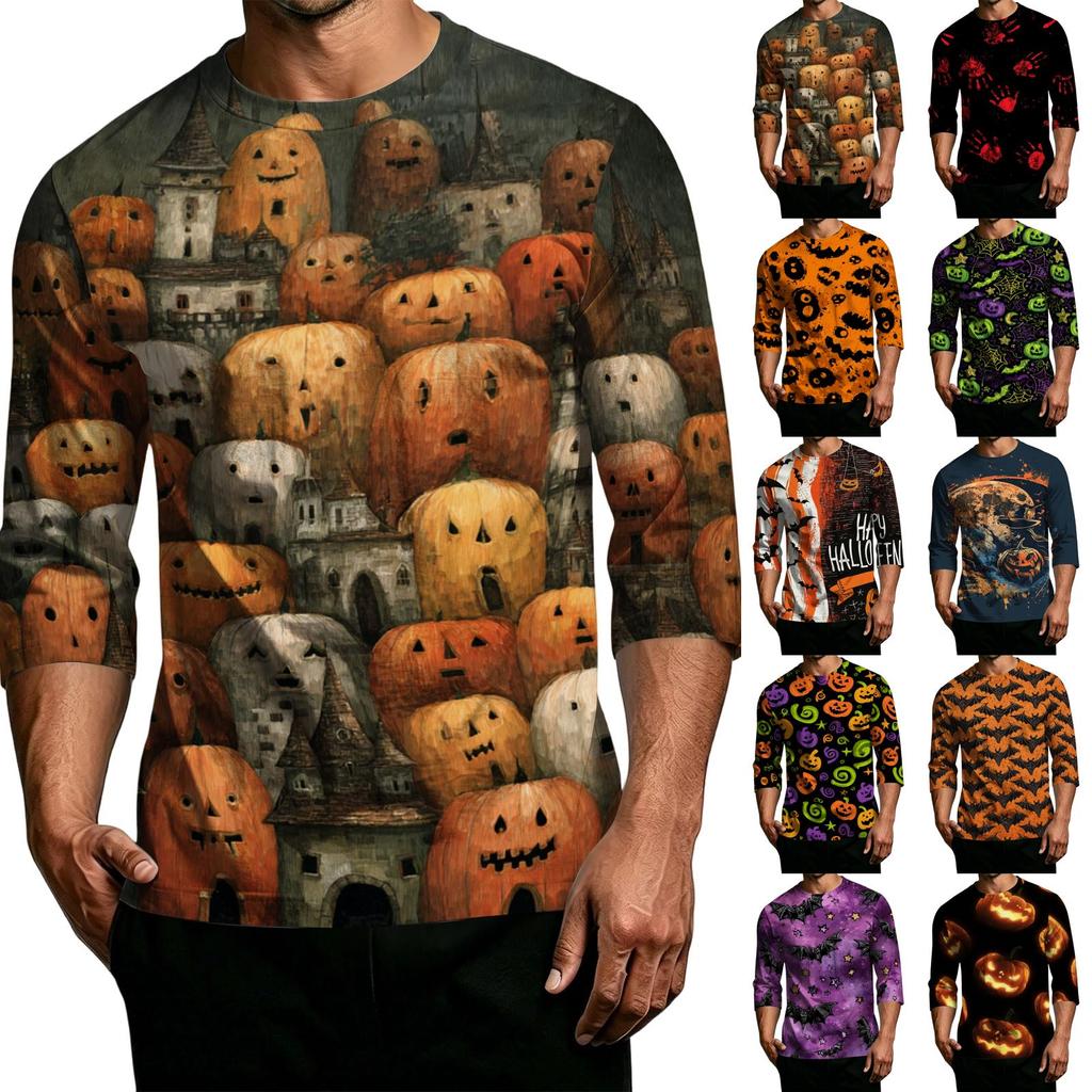 Men's Casual Halloween Print Crew Neck T Shirt Three Quarter Sleeve Top Lightweight Comfortable Fit Seasonal Design