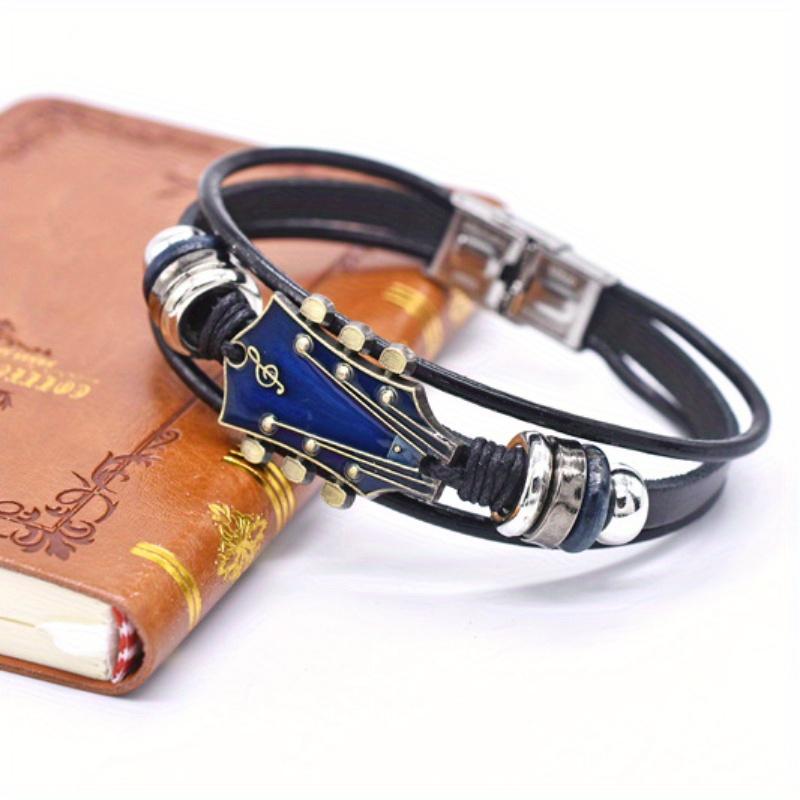 Adjustable Guitar Bracelet with Stainless Steel Clasp - Musical Lover's Accessory, Faux Leather Wristband, Zinc Alloy, Ideal Gift for Christmas