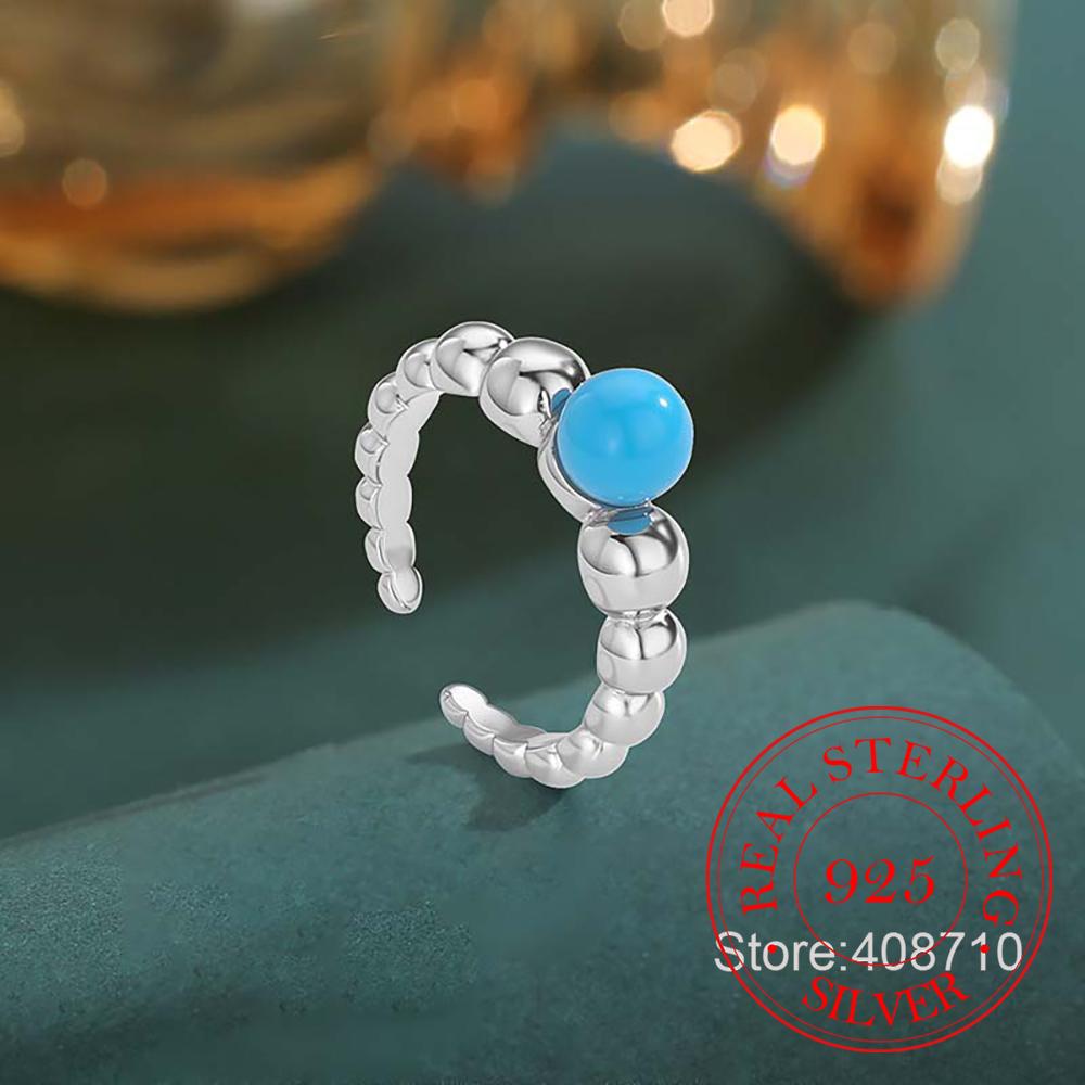 925 Silver Trendy Blue Turquoise Bean Finger Rings For Women Fashion Wedding Engagement Party Charm Jewelry