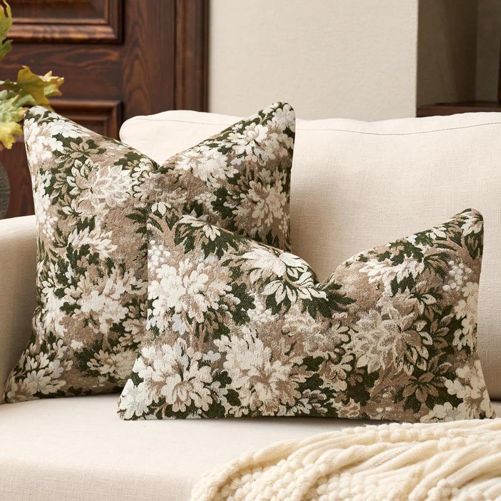 Vintage Neutral Floral Jacquard Throw Pillowcase Soft Decorative Farmhouse Accent Couch Pillow Case for Home Living Room Bed