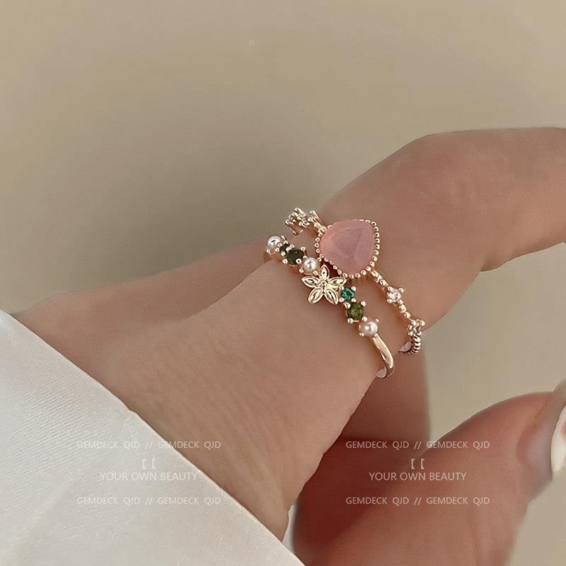 Double Layer Pink Heart Zircon Ring - Women's Korean Style Flower Adjustable Stackable Fashionable Temperament Index Finger Ring