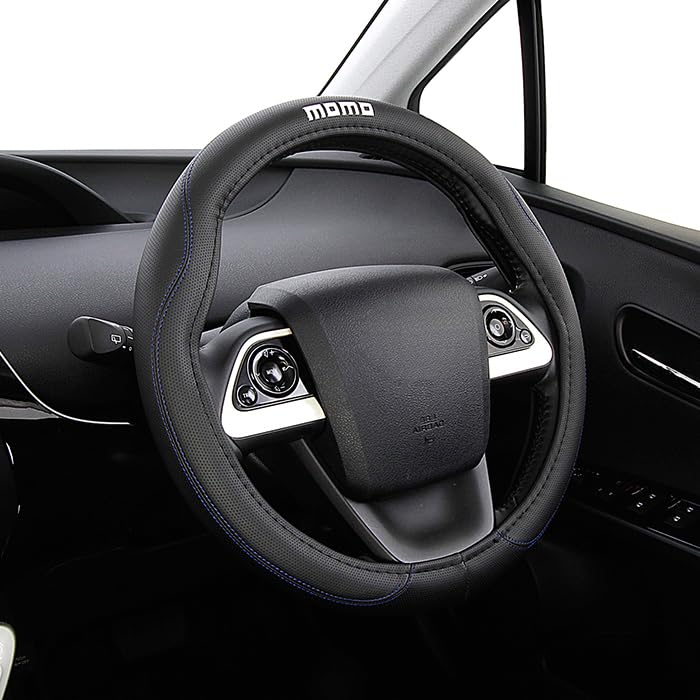 

MOMO Comfort Steering Wheel Cover for Kei Cars, Compact Cars, and Minivans (Small (36.5-37.9cm) Black-Blue with White MOMO Logo)