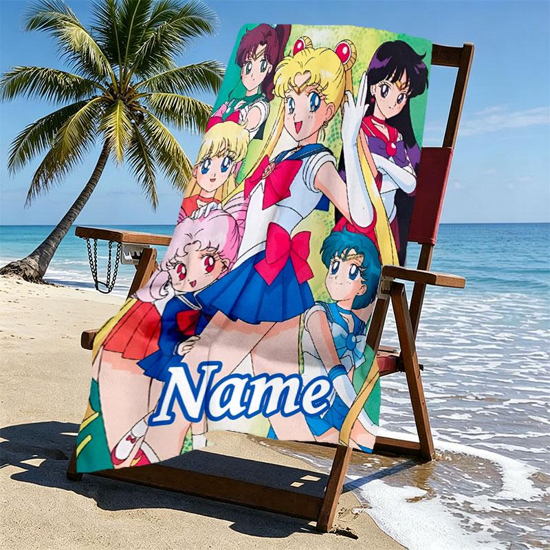 Custom Name Personalized Sailor Moon Print Beach Towel, for Trip Camping Beach Party Home Decor, Birthday Gift for Family & Friends
