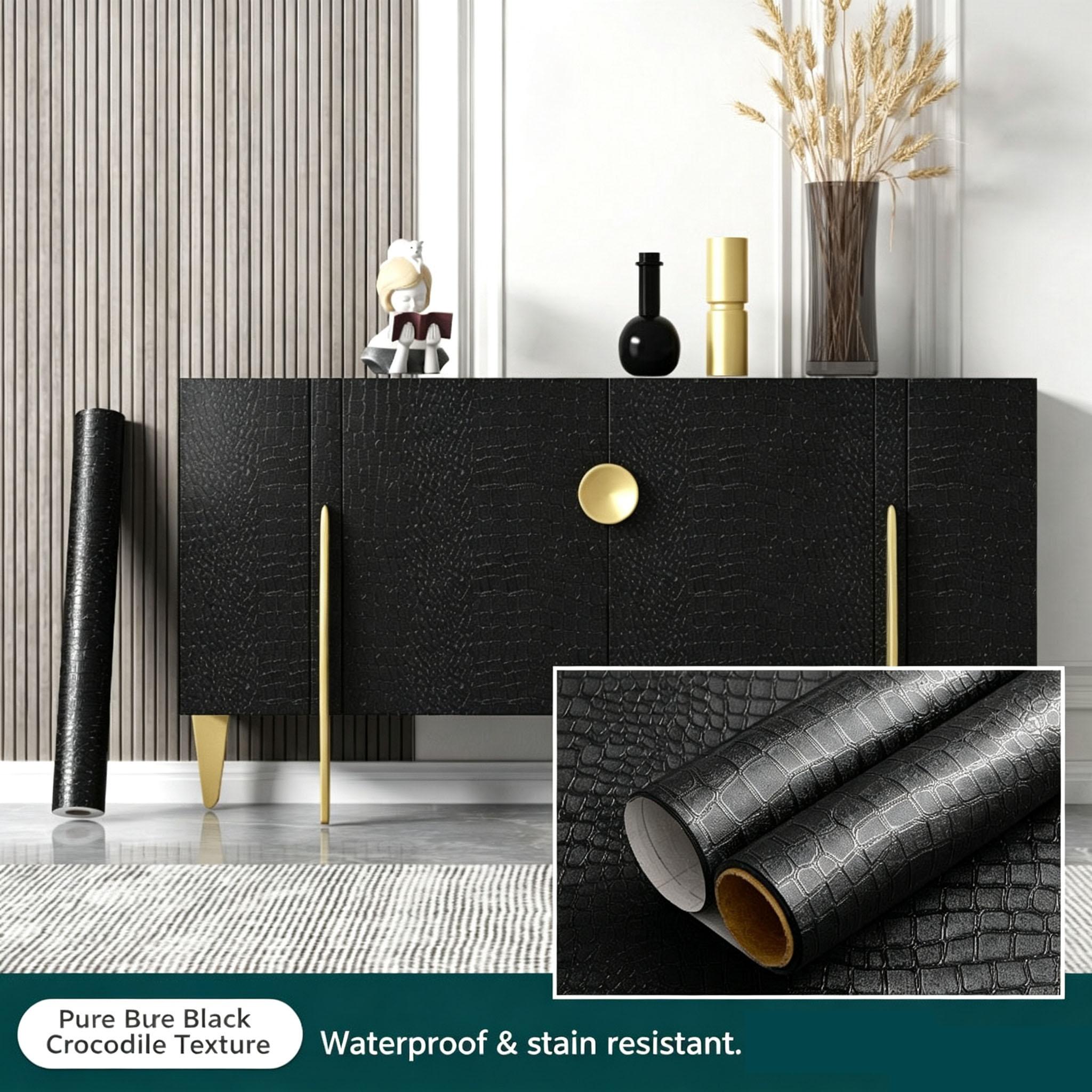 Geprägte Krokodilleder-Abzieh-und-Kleb-Tapete, Wasserdichte Selbstklebende Vinyl-Schrankmöbel-Renovierung Heimwanddekoration 60cm× 3m schwarz