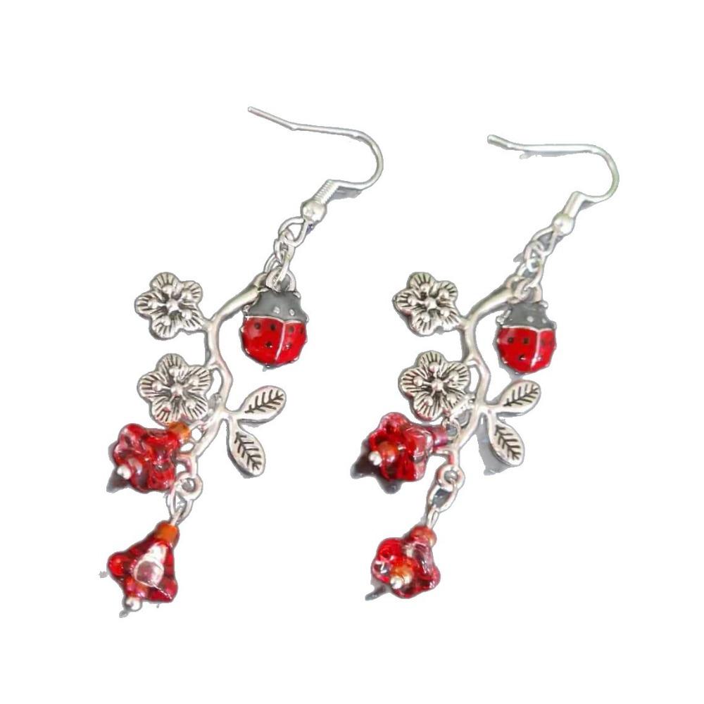 Cute Enamel Ladybug Floral Branch Red Glass Bellflower Dangle Earrings for Women Boho Nature Retro Sliver Color Jewelry Gifts