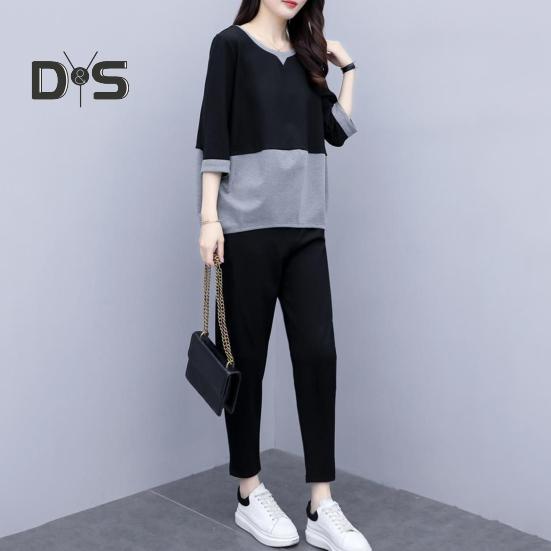 2 ks/sada Dámské tričko Kalhoty Set Sportovní oblečení Colorblock Top s kulatým výstřihem Poloviční rukáv Top Elastický pas Dlouhé Kalhoty Běžné kalhoty Top na dojíždění