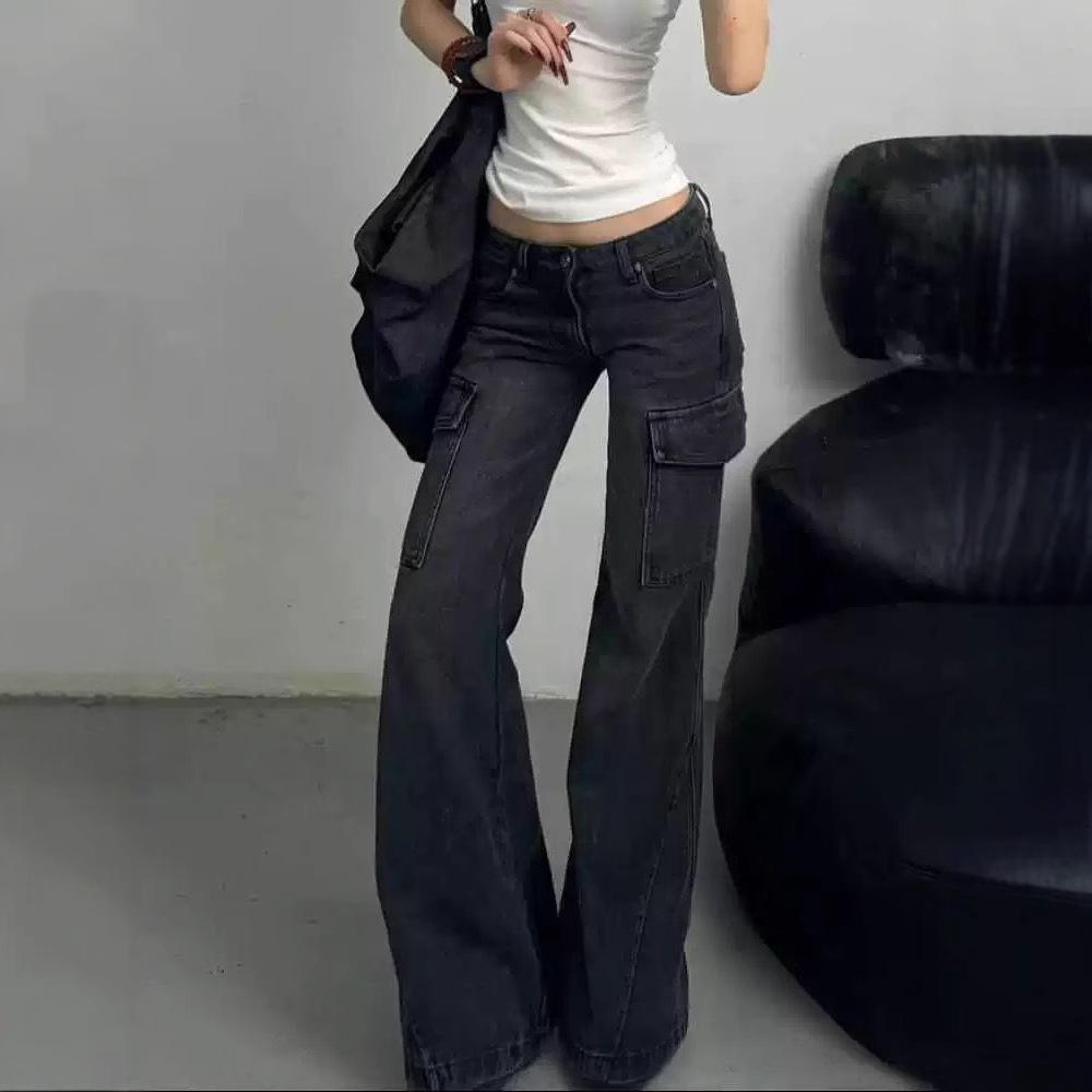 Women's Retro Flare Cargo Jeans - Spring Collection, Floor-Length Wide Leg Style
