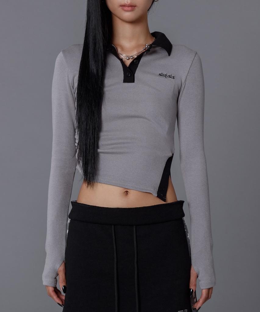 Seullisiseu Unbalance Slit Polo Top (Grey)
