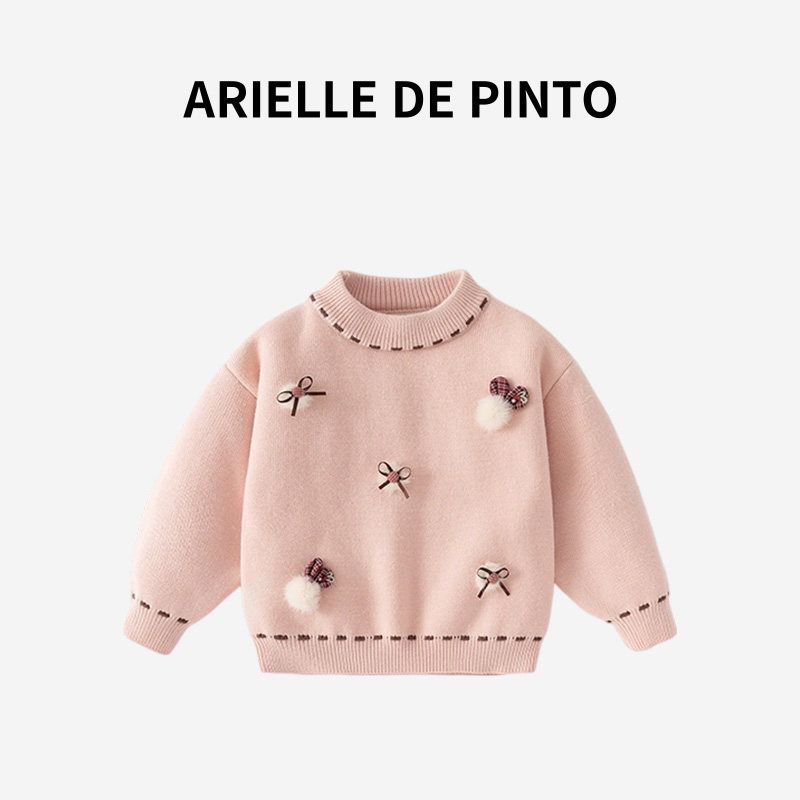 Французский Arielle De Pinto Детский трикотаж Осень и Зима Универсальный Меховой Шарик Бант Комбинезон Бархатный Свитер Pink 140