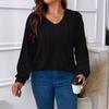 Plus Size Women Ribbed Knit Hooded Top V Neck Drawstring Long Sleeve Loose Casual T Shirt Fall Winter Basic Blouse