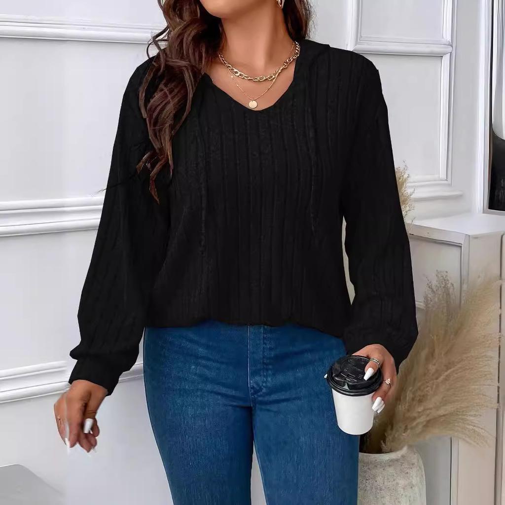 Plus Size Women Ribbed Knit Hooded Top V Neck Drawstring Long Sleeve Loose Casual T Shirt Fall Winter Basic Blouse