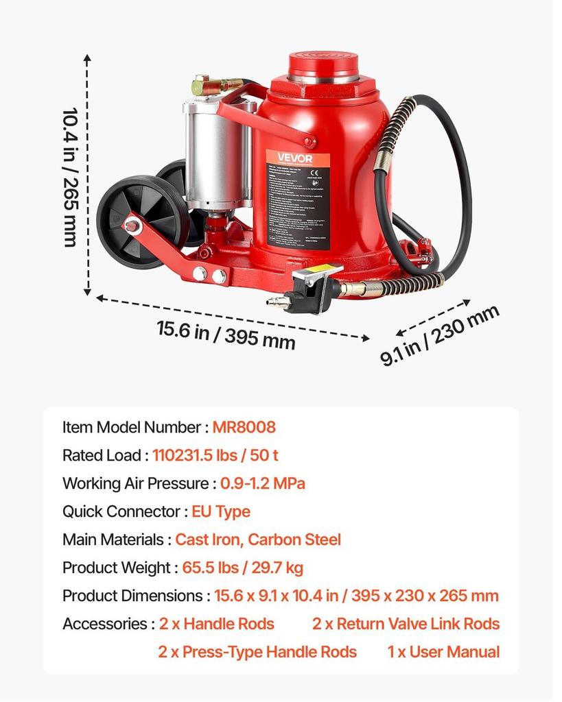 Air Hydraulic Bottle Jack, 50 Ton (110231.5 Lbs) Capacity, 265-410 Mm Lifting Range, Pneumatic/Manual Heavy Duty Welded Bottle Jack with Pump for SUV,