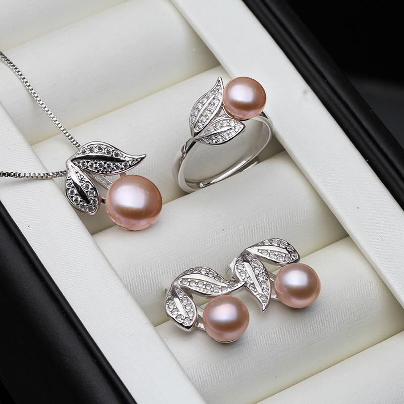 Real Pearl  Ring Necklace Earrings For Women,Natural Freshwater White Pearl Jewelry Set 925 Sterling Silver Jewelry Sets Gift
