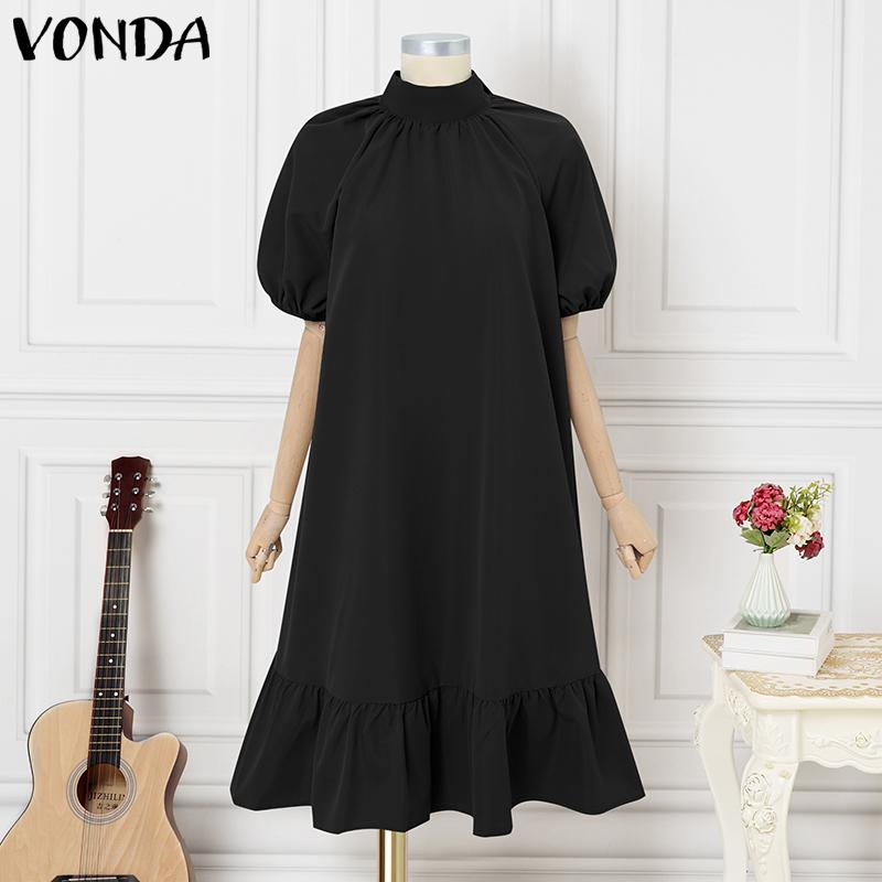 

VONDA Женское платье миди с воротником-стойкой, короткими рукавами, оборкой по подолу и бантом на спине 2XL чёрный